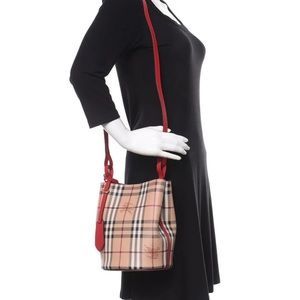 BURBERRY LORNE RED LEATHER HAYMAKET NOVA CHECK CROSSBODY BUCKET SMALL BAG